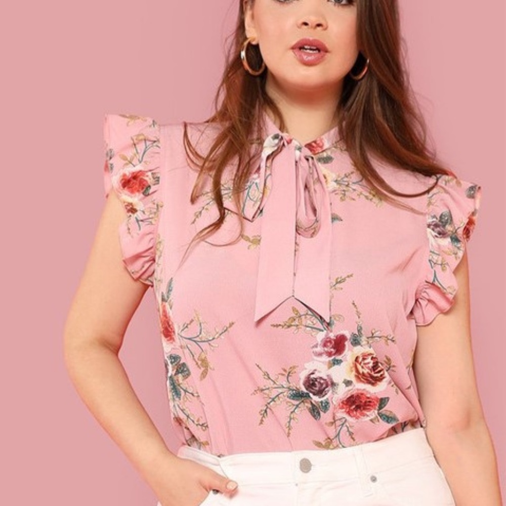 Floral Print Pink Ruffle Plus Size